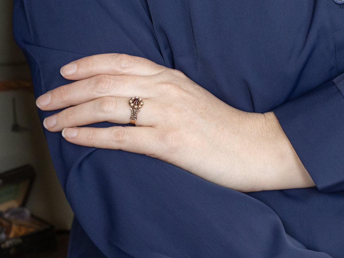 Antique Garnet and Seed Pearl Halo Ring