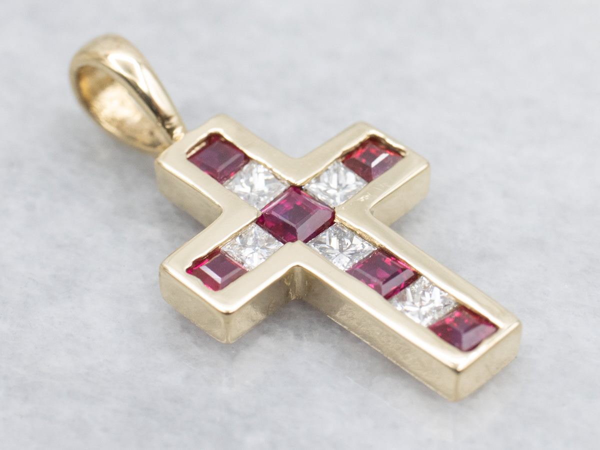 Ruby and Diamond Gemstone Cross Pendant