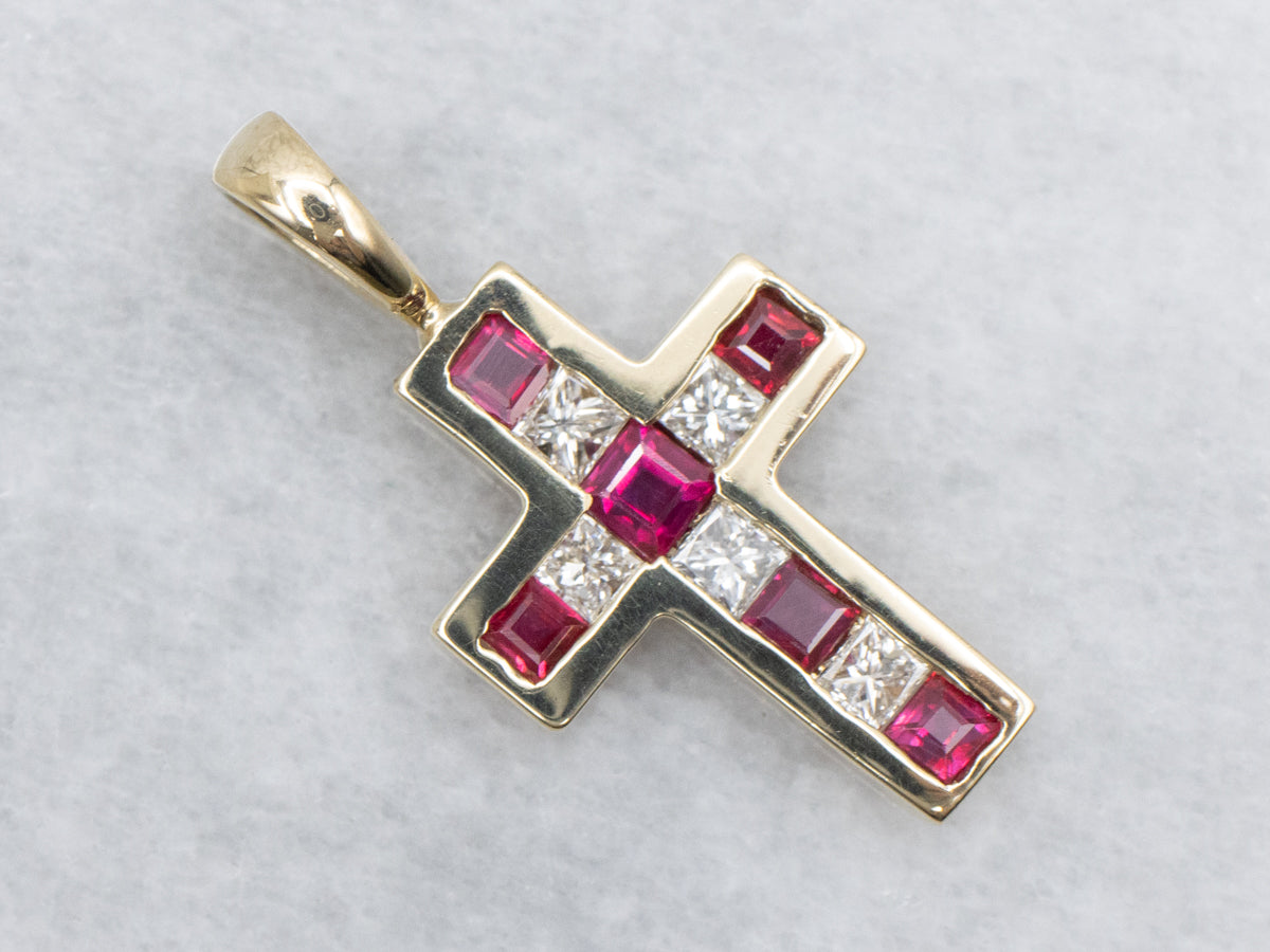 Ruby and Diamond Gemstone Cross Pendant