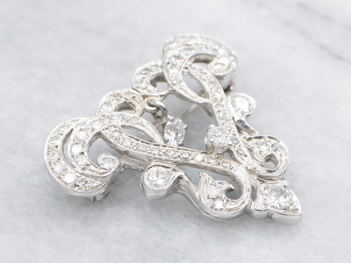 Vintage Ornate Diamond Brooch or Pendant with Diamond Dangle
