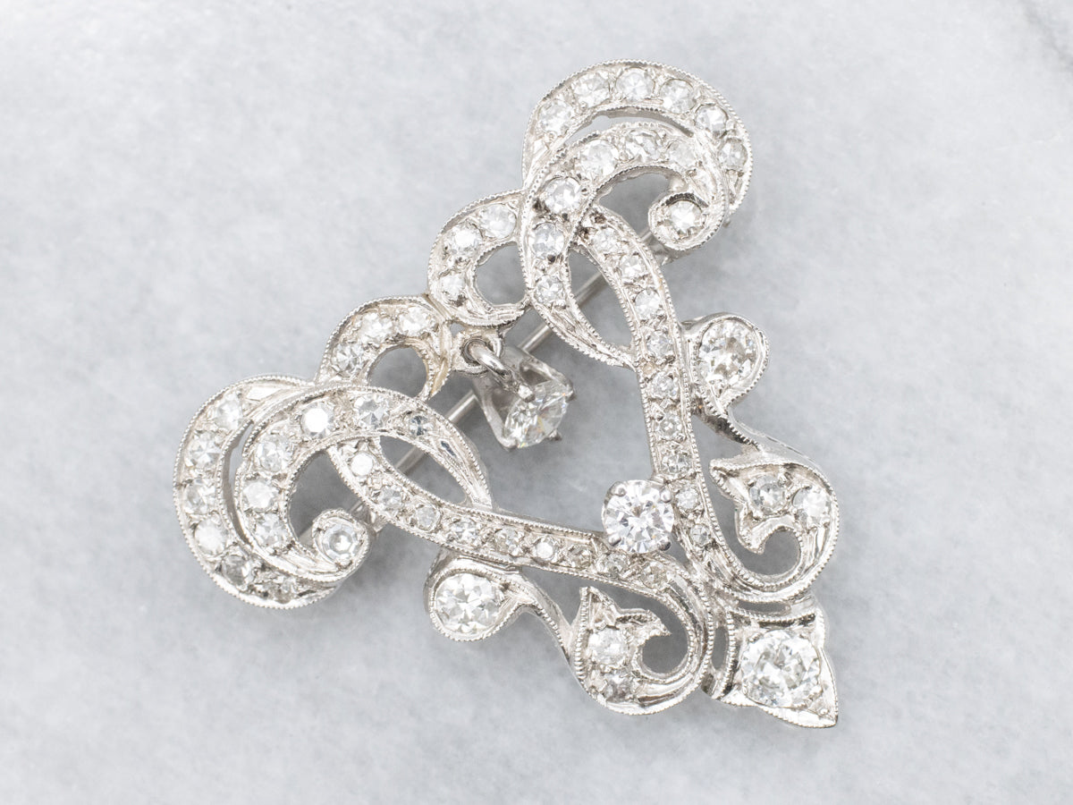 Vintage Ornate Diamond Brooch or Pendant with Diamond Dangle