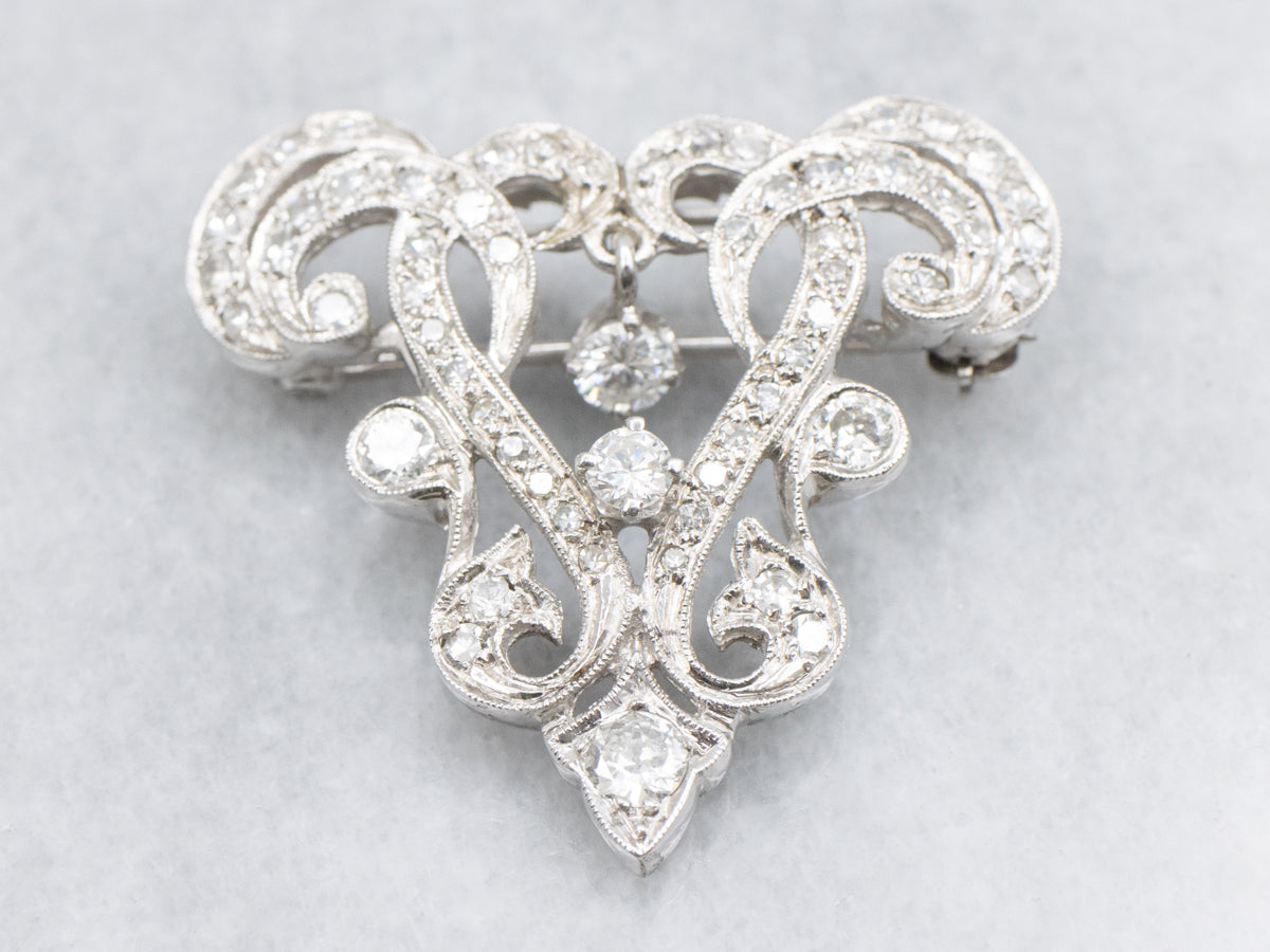 Vintage Ornate Diamond Brooch or Pendant with Diamond Dangle