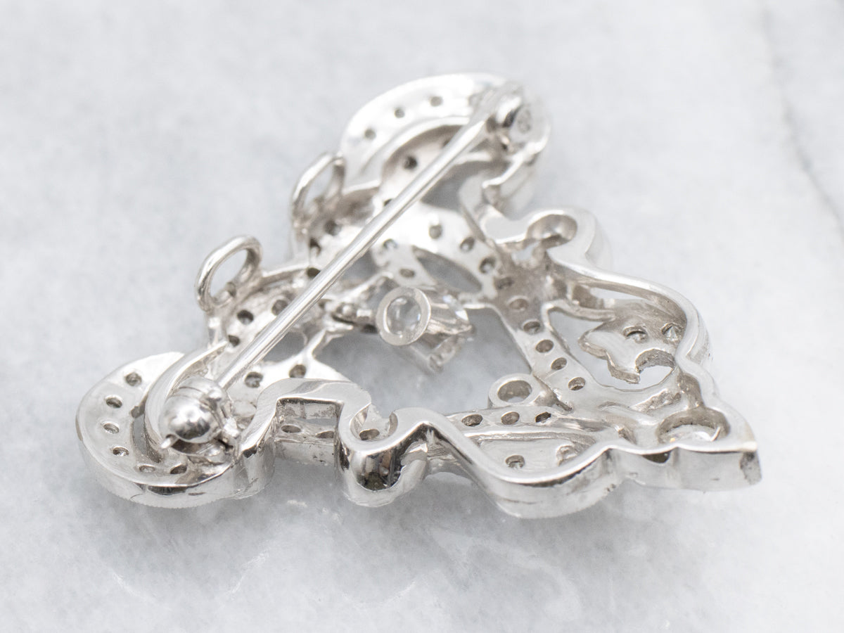 Vintage Ornate Diamond Brooch or Pendant with Diamond Dangle