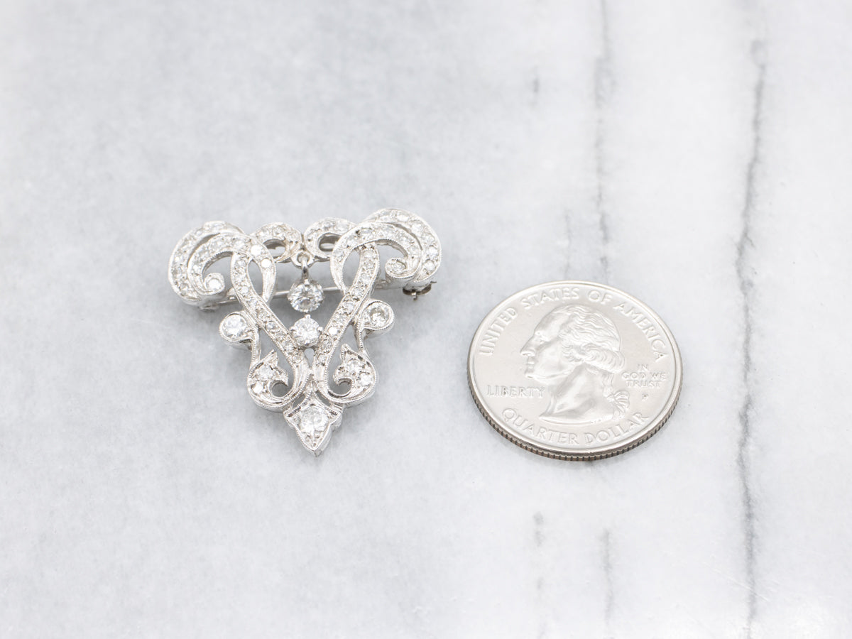 Vintage Ornate Diamond Brooch or Pendant with Diamond Dangle