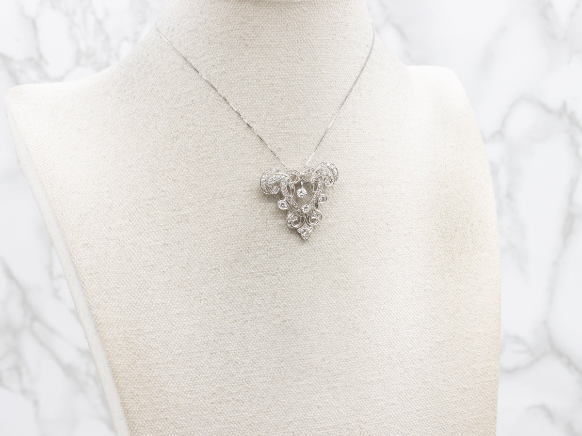Vintage Ornate Diamond Brooch or Pendant with Diamond Dangle