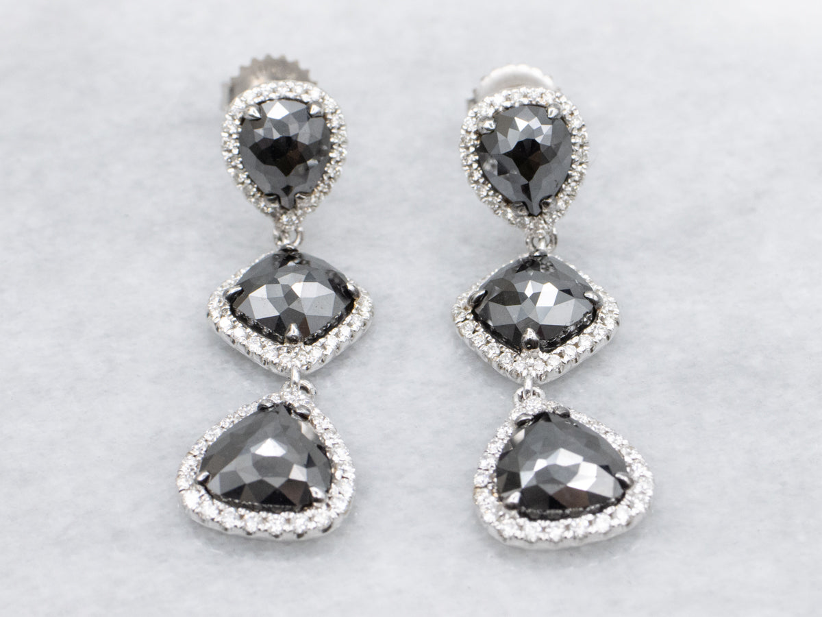 Hematite and Diamond Halo Drop Earrings