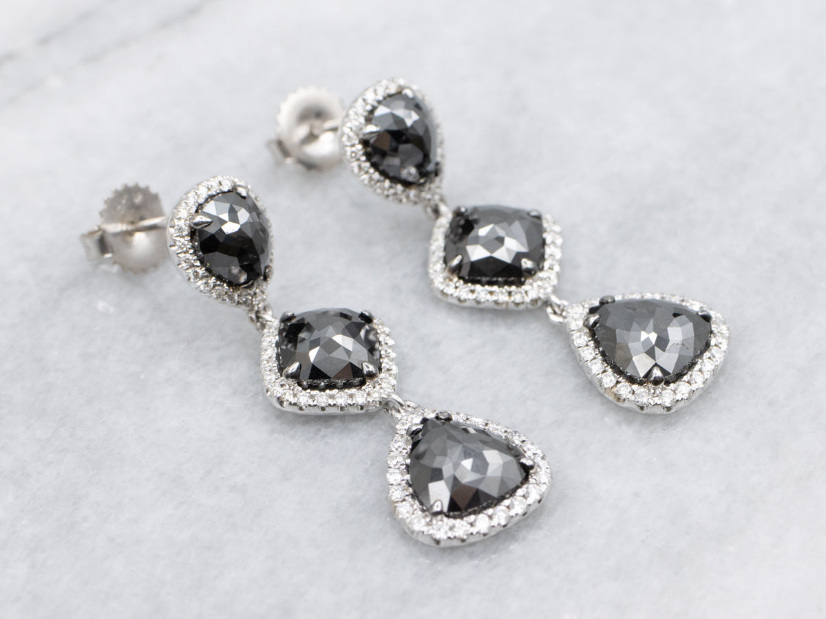 Hematite and Diamond Halo Drop Earrings