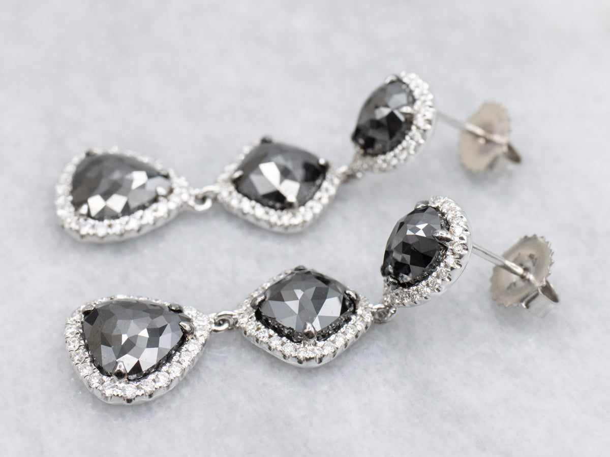 Hematite and Diamond Halo Drop Earrings