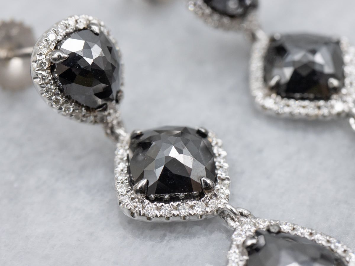 Hematite and Diamond Halo Drop Earrings