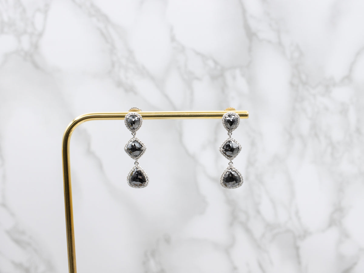 Hematite and Diamond Halo Drop Earrings
