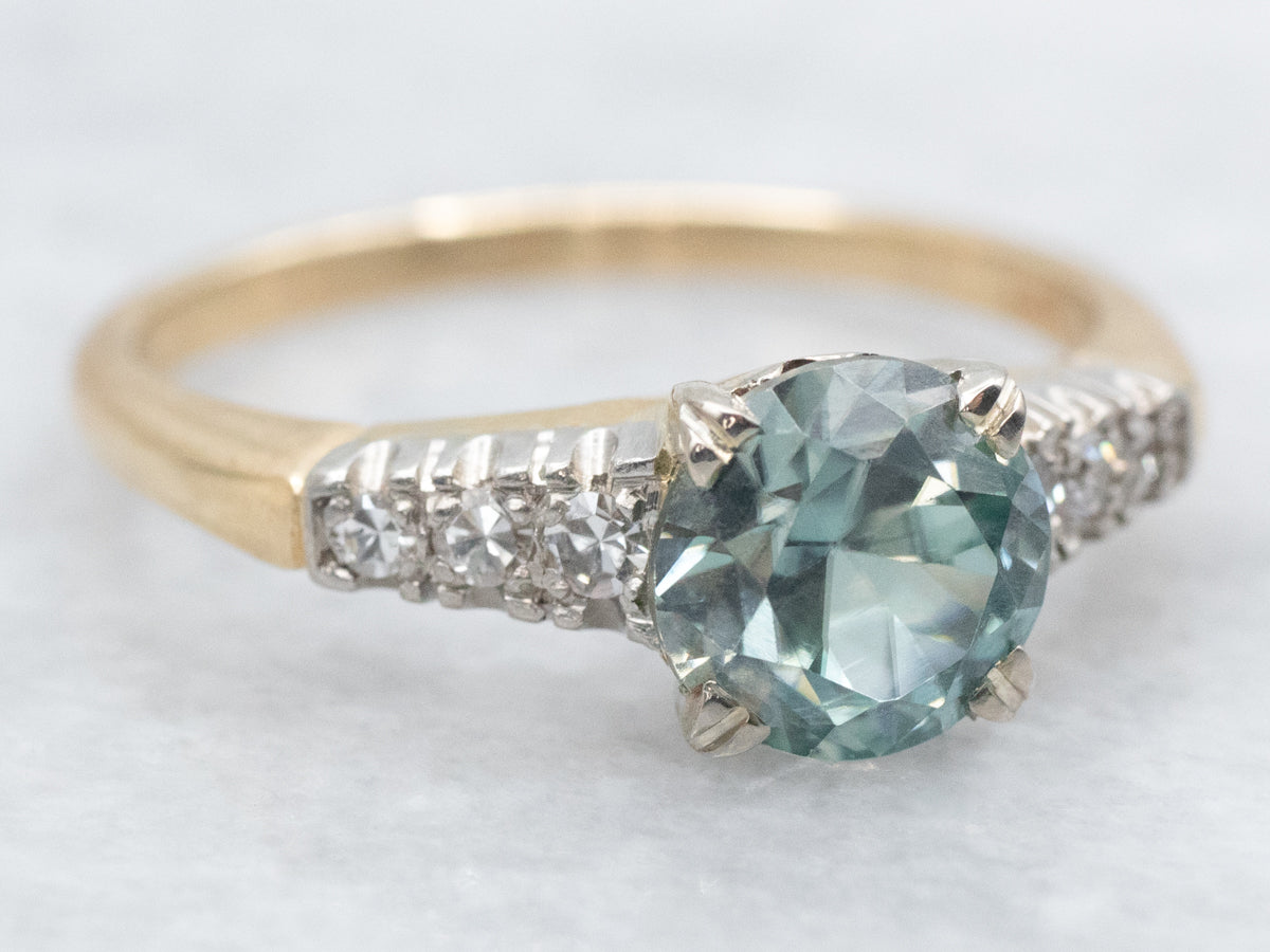 1950s Blue Zircon and Diamond Two Tone Ring