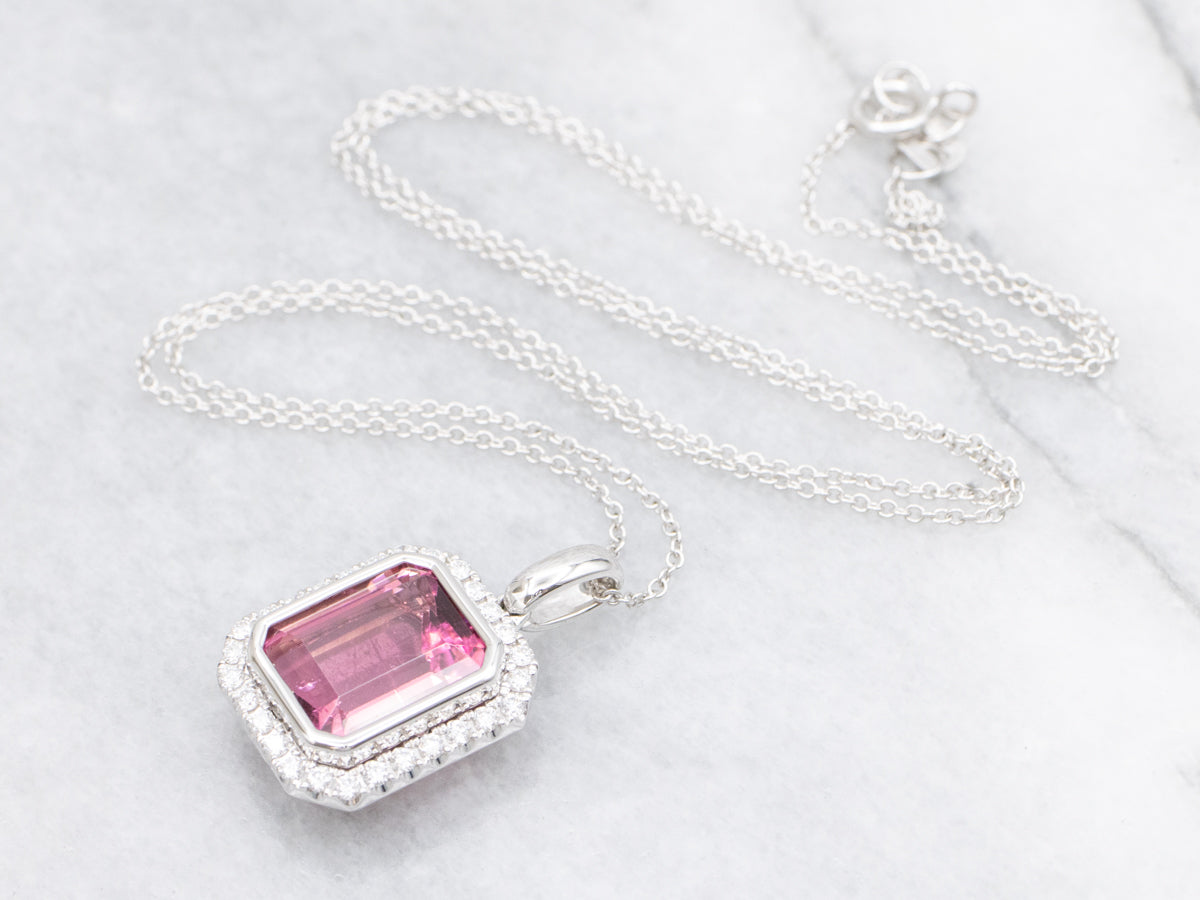 Pink Tourmaline and Diamond Halo Pendant Necklace