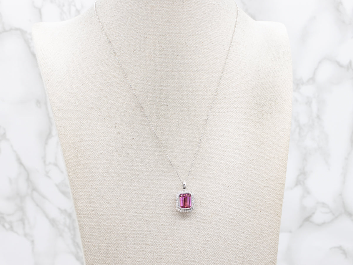Pink Tourmaline and Diamond Halo Pendant Necklace
