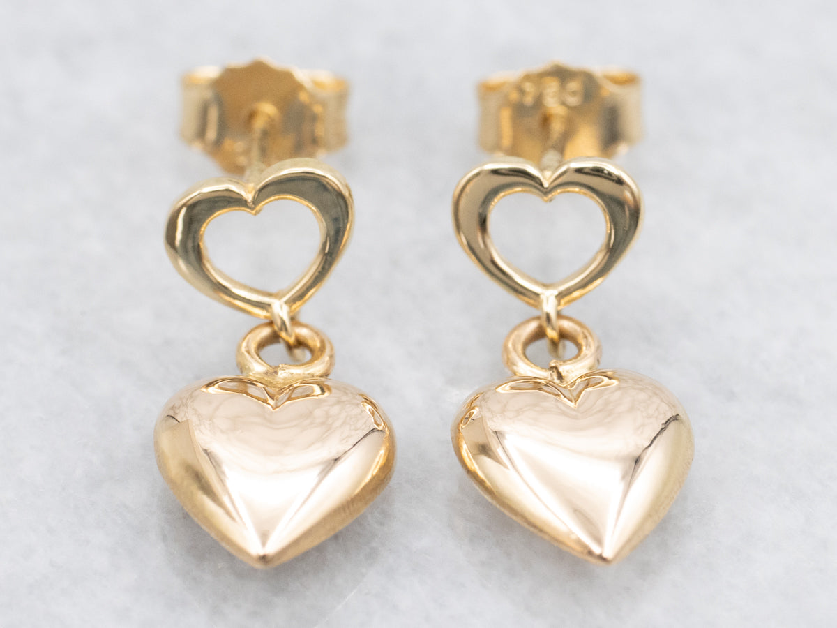 Puffy Yellow Gold Heart Drop Earrings