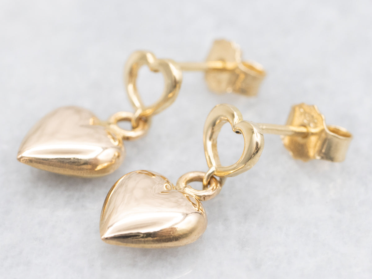 Puffy Yellow Gold Heart Drop Earrings