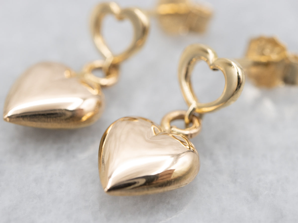 Puffy Yellow Gold Heart Drop Earrings
