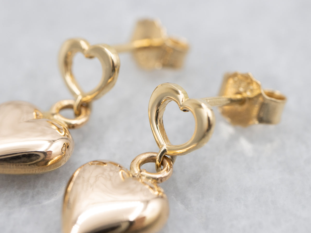 Puffy Yellow Gold Heart Drop Earrings