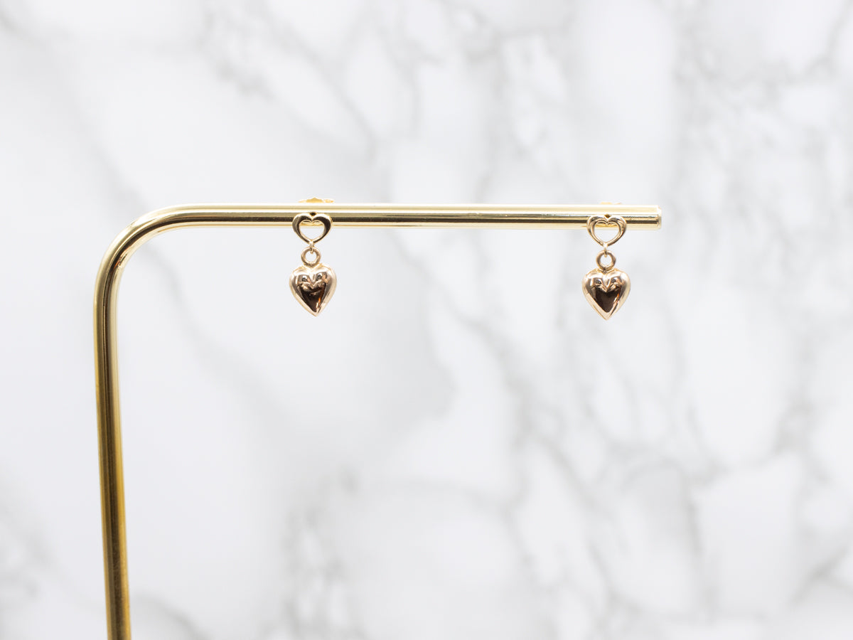 Puffy Yellow Gold Heart Drop Earrings