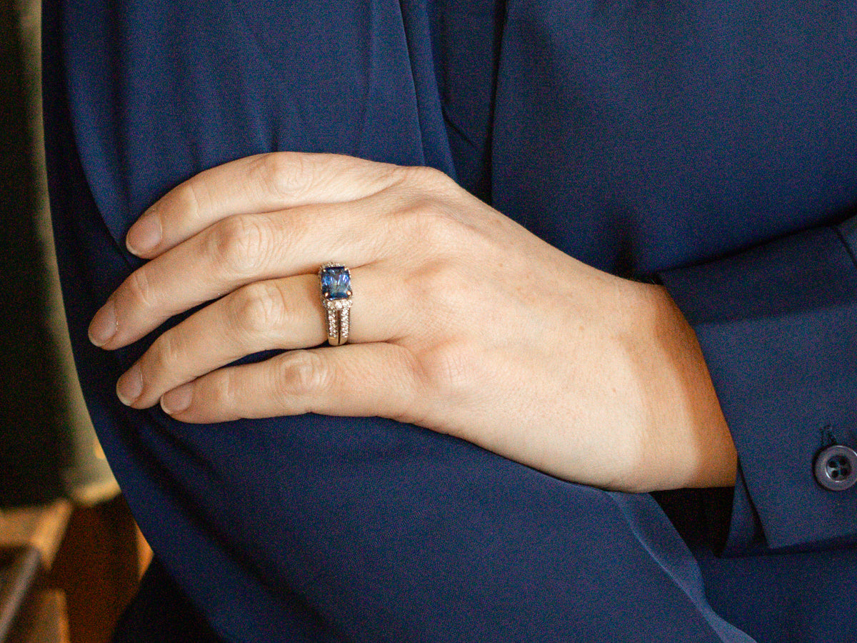 Contemporary Benchmark Quality Sapphire and Diamond Statement Ring