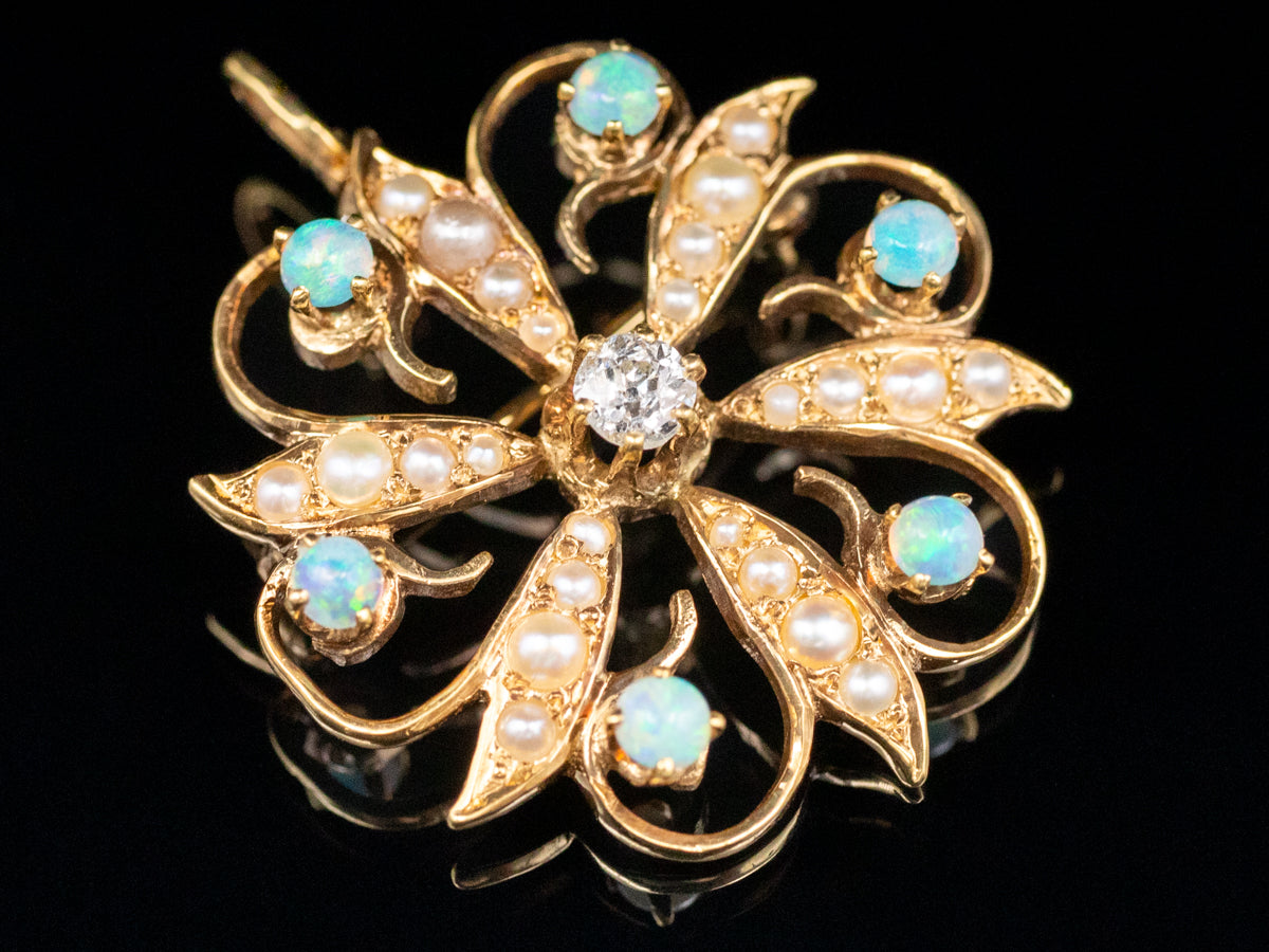 Art Nouveau Old Mine Cut Diamond, Seed Pearl, and Opal Brooch or Pendant