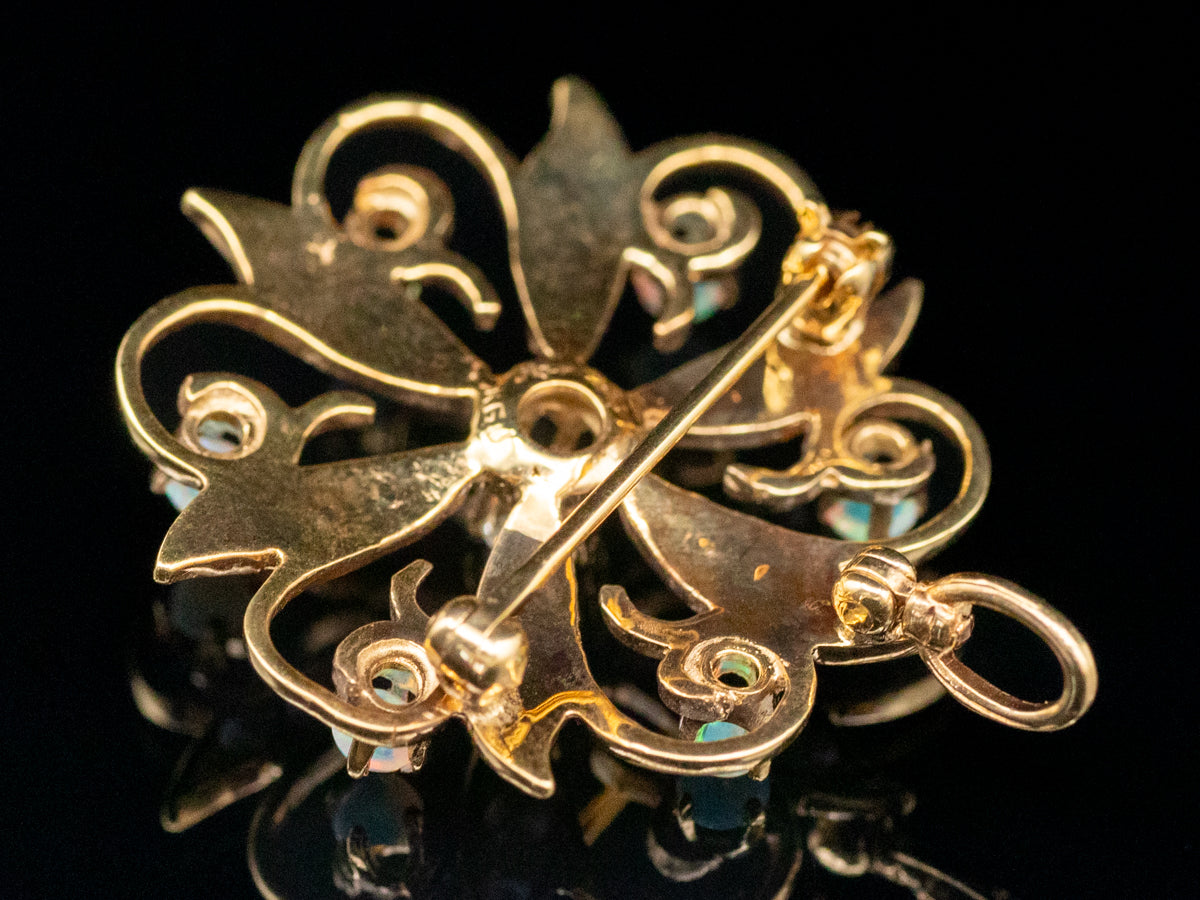 Art Nouveau Old Mine Cut Diamond, Seed Pearl, and Opal Brooch or Pendant