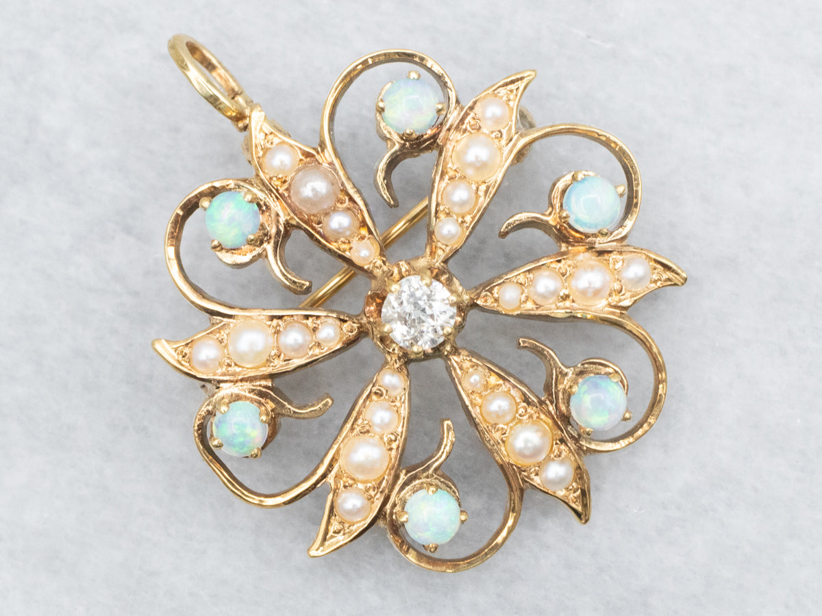 Art Nouveau Old Mine Cut Diamond, Seed Pearl, and Opal Brooch or Pendant