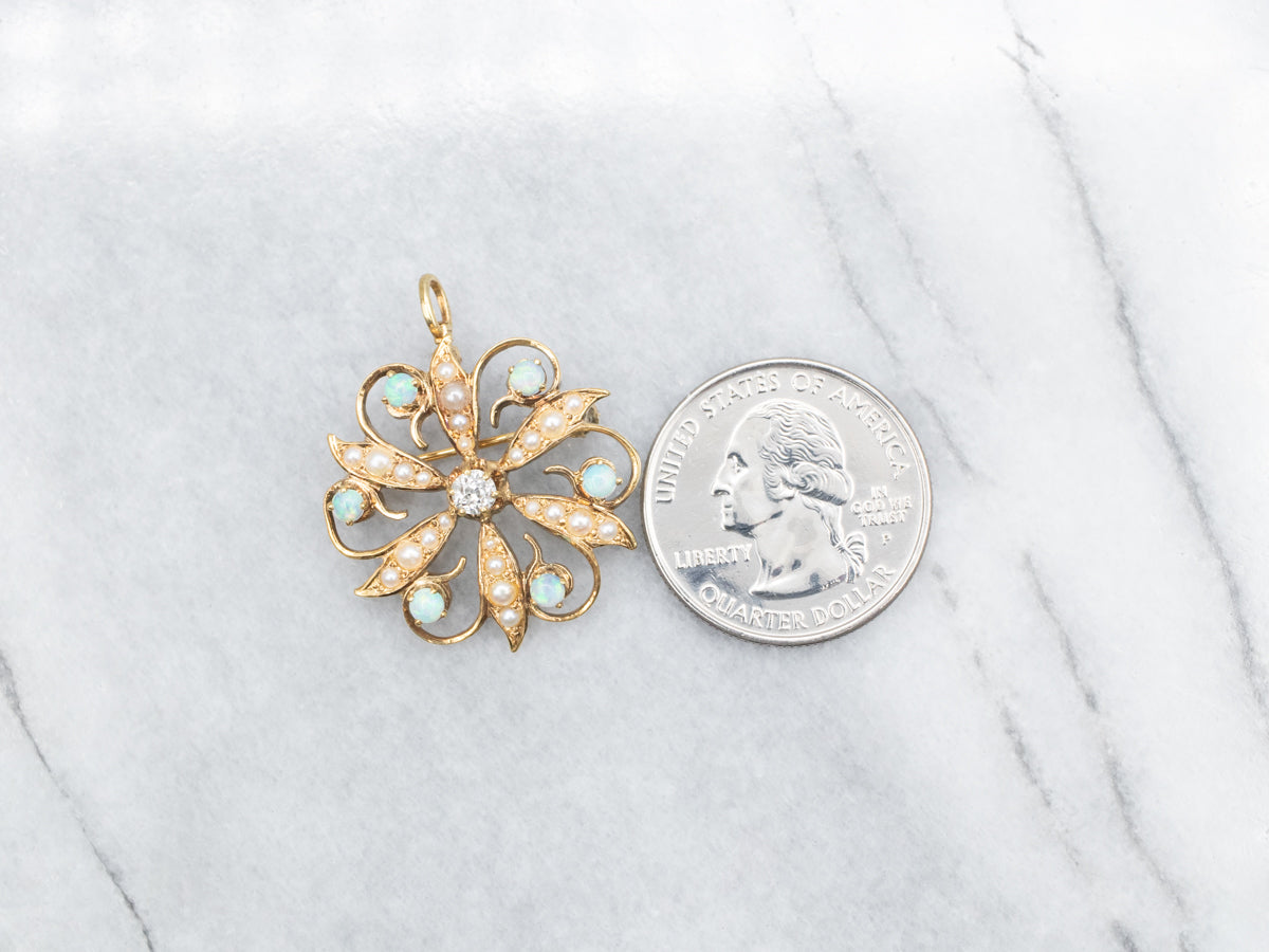 Art Nouveau Old Mine Cut Diamond, Seed Pearl, and Opal Brooch or Pendant