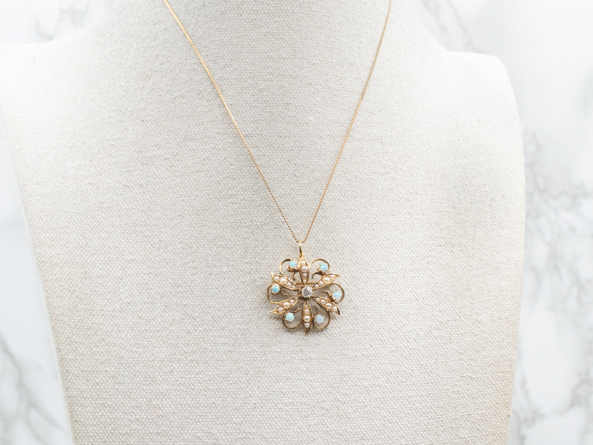 Art Nouveau Old Mine Cut Diamond, Seed Pearl, and Opal Brooch or Pendant