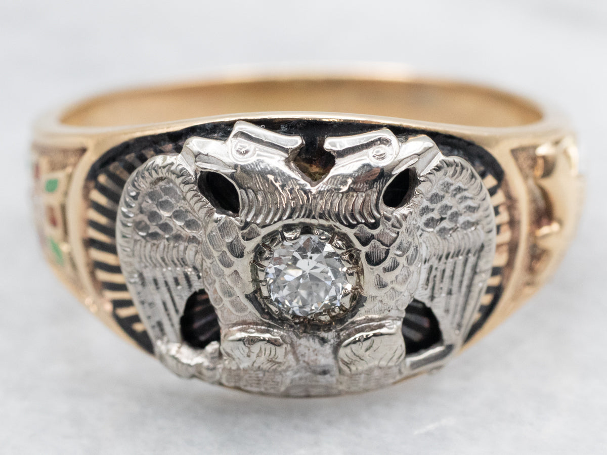 Double Headed Eagle and European Cut Diamond Masonic Ring