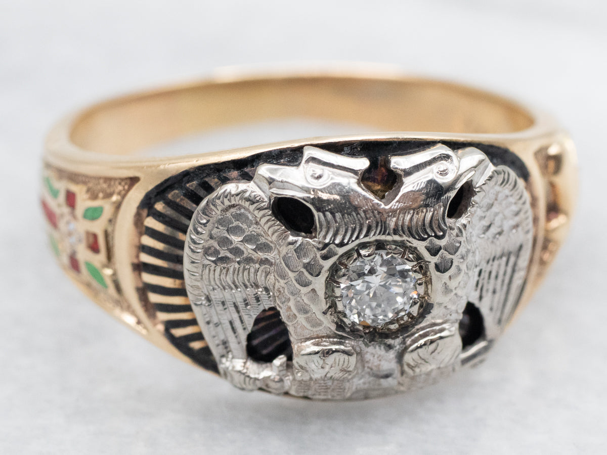 Double Headed Eagle and European Cut Diamond Masonic Ring
