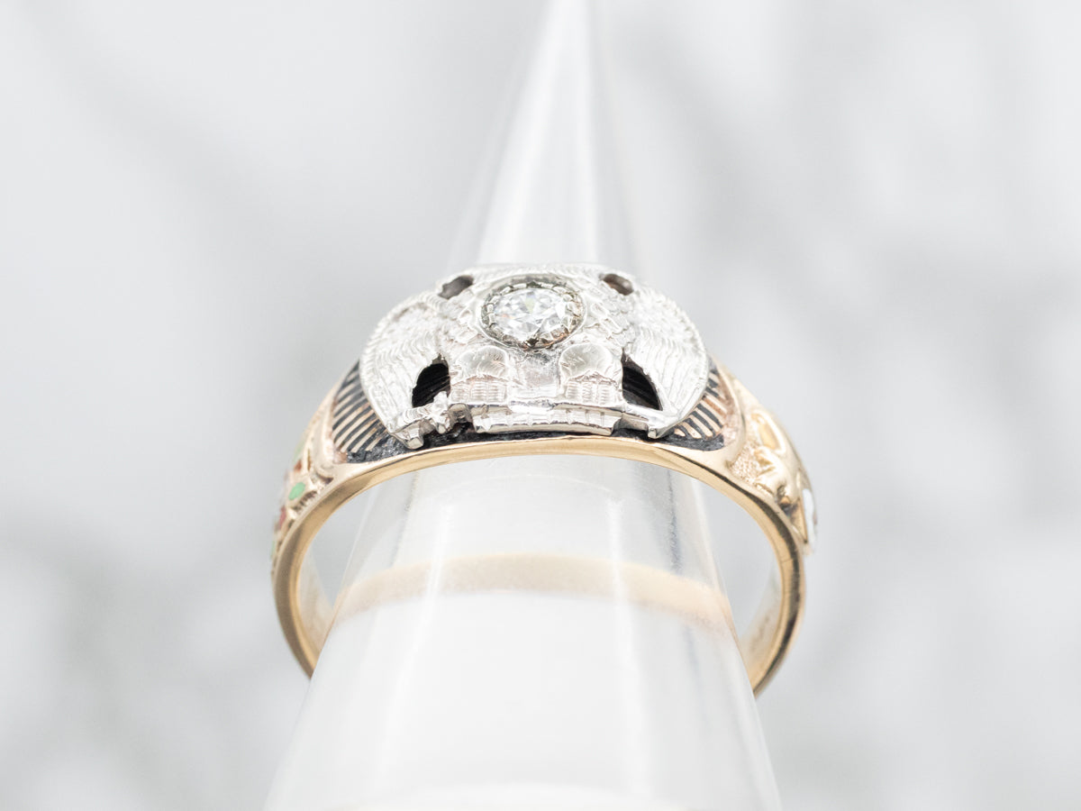 Double Headed Eagle and European Cut Diamond Masonic Ring