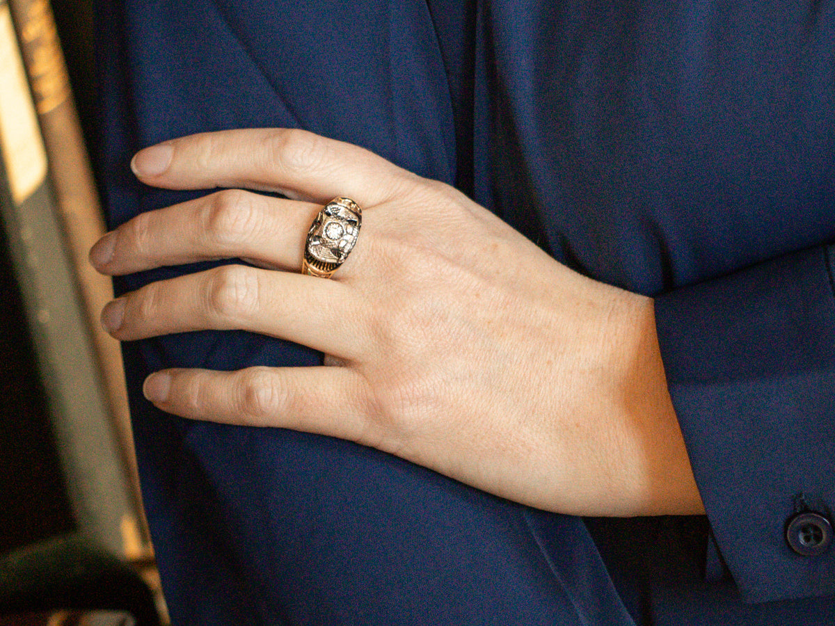 Double Headed Eagle and European Cut Diamond Masonic Ring