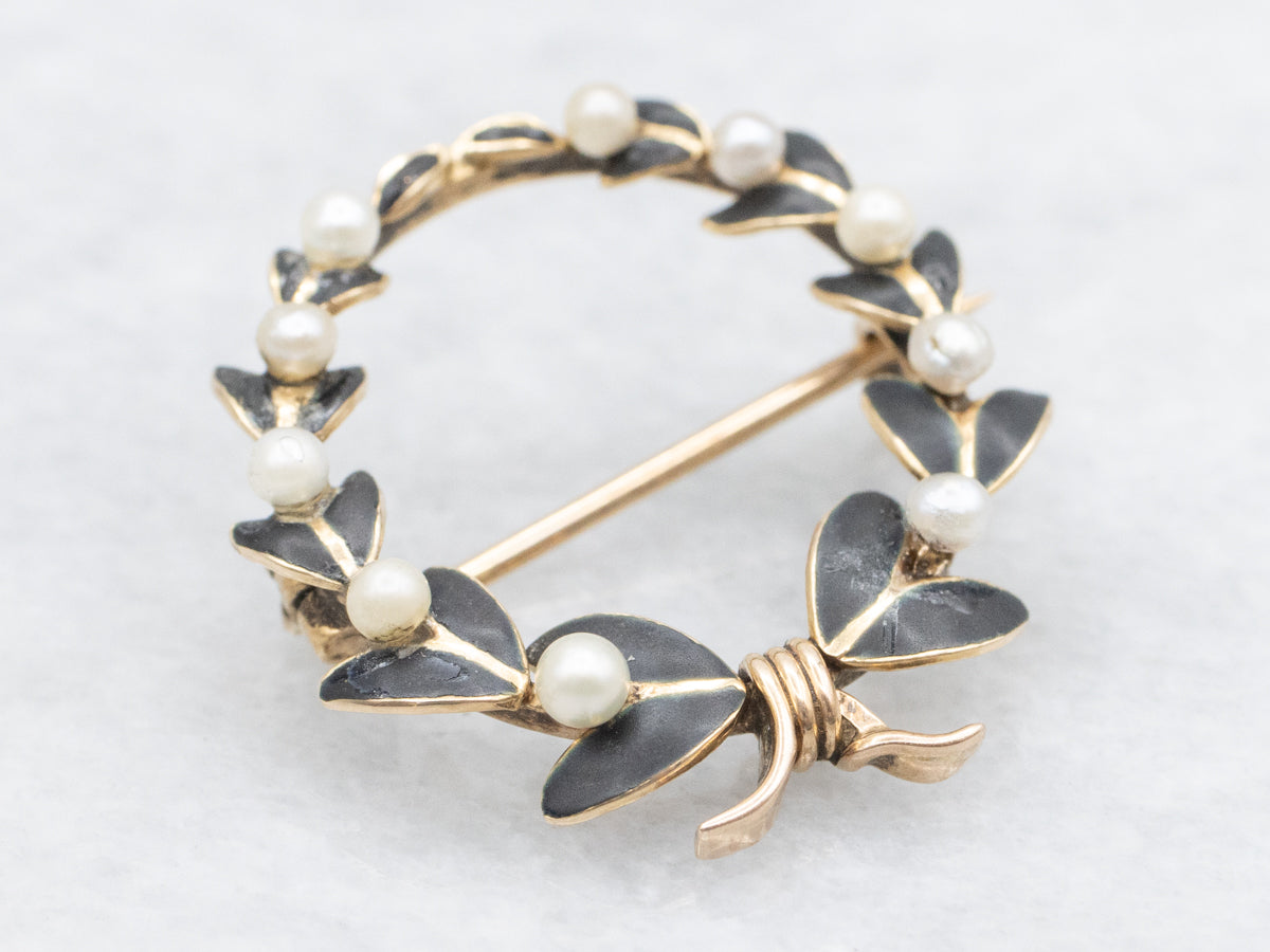 Victorian Seed Pearl and Black Enamel Wreath Brooch