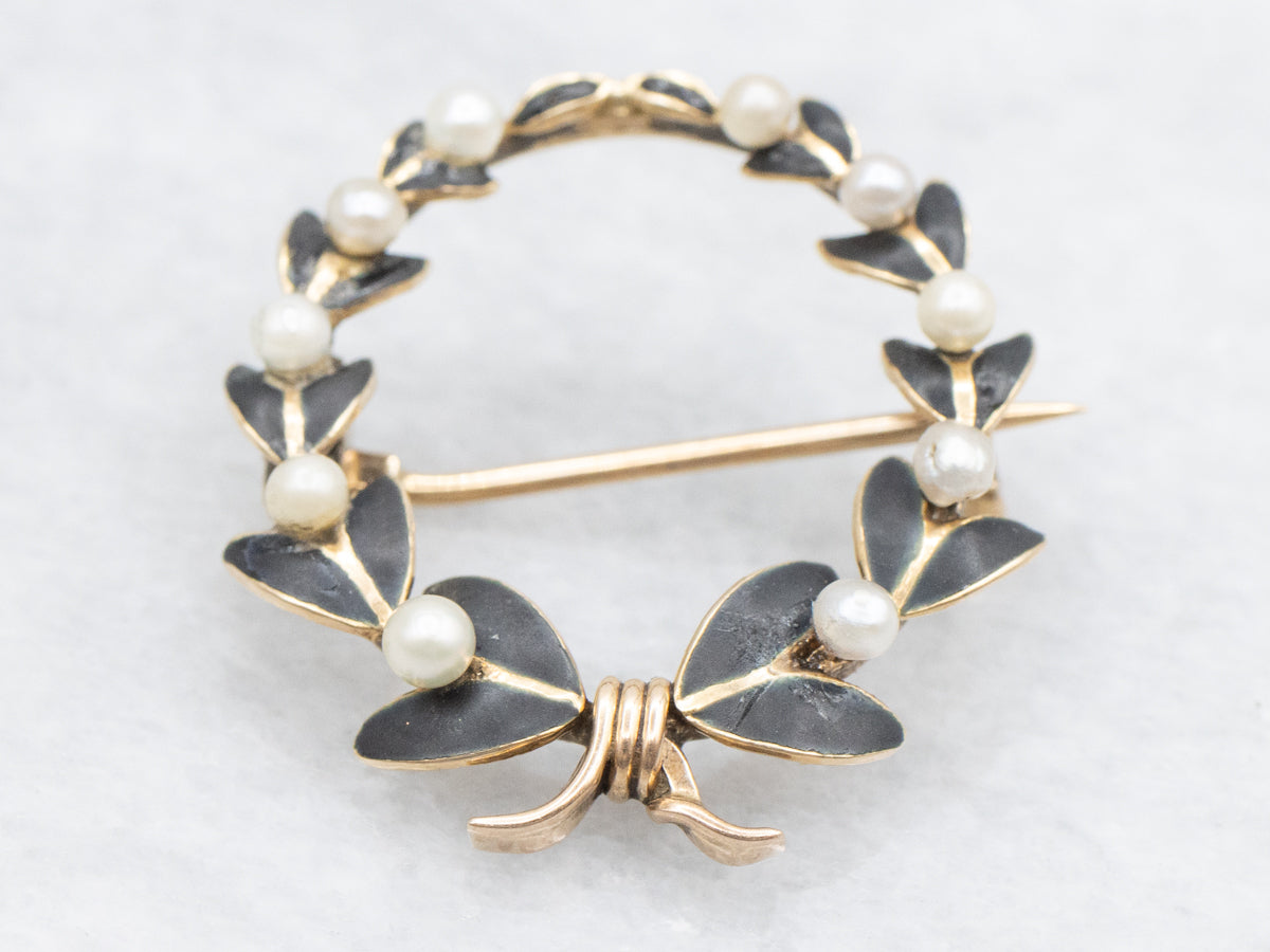 Victorian Seed Pearl and Black Enamel Wreath Brooch