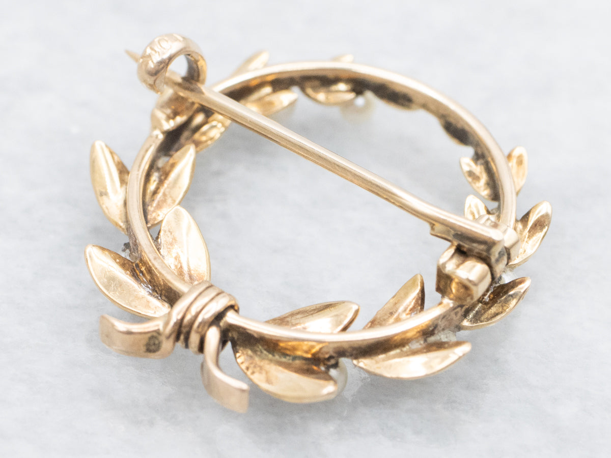 Victorian Seed Pearl and Black Enamel Wreath Brooch