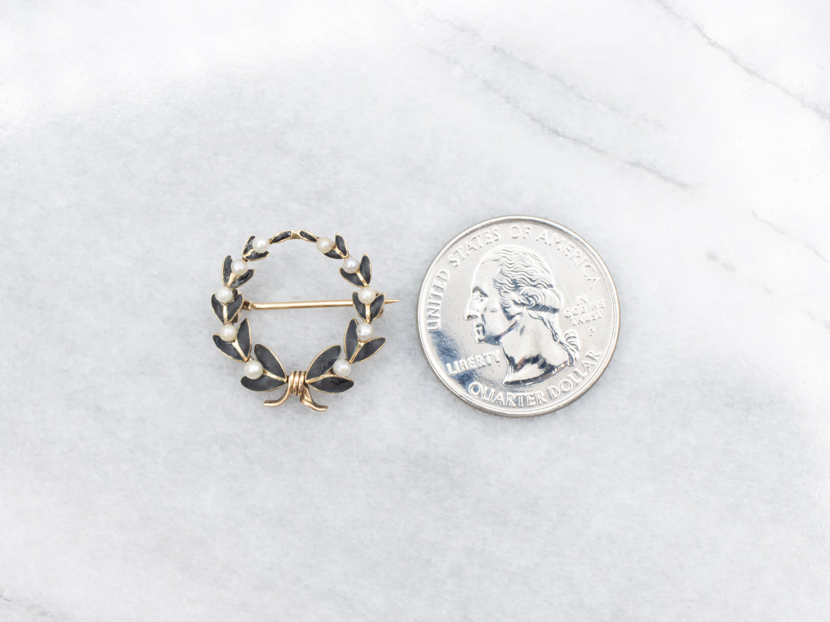Victorian Seed Pearl and Black Enamel Wreath Brooch