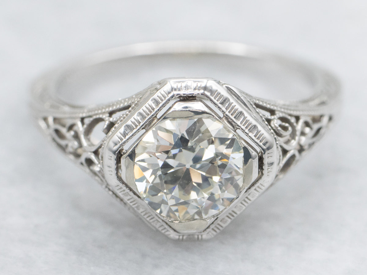Art Deco White Gold Old European Cut Diamond Ring