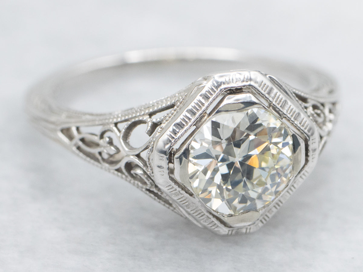 Art Deco White Gold Old European Cut Diamond Ring