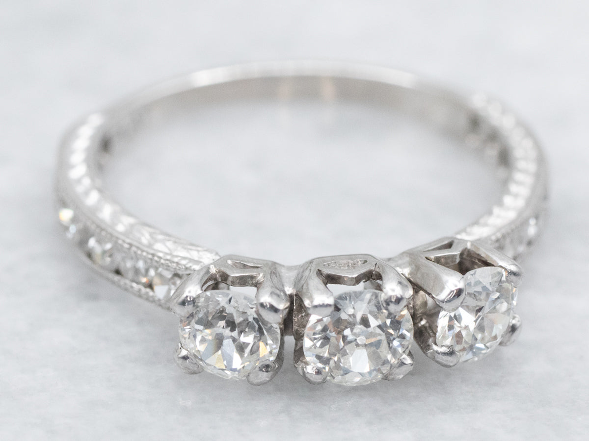 Antique Old Mine Cut Diamond Three Stone Platinum Engagement Ring