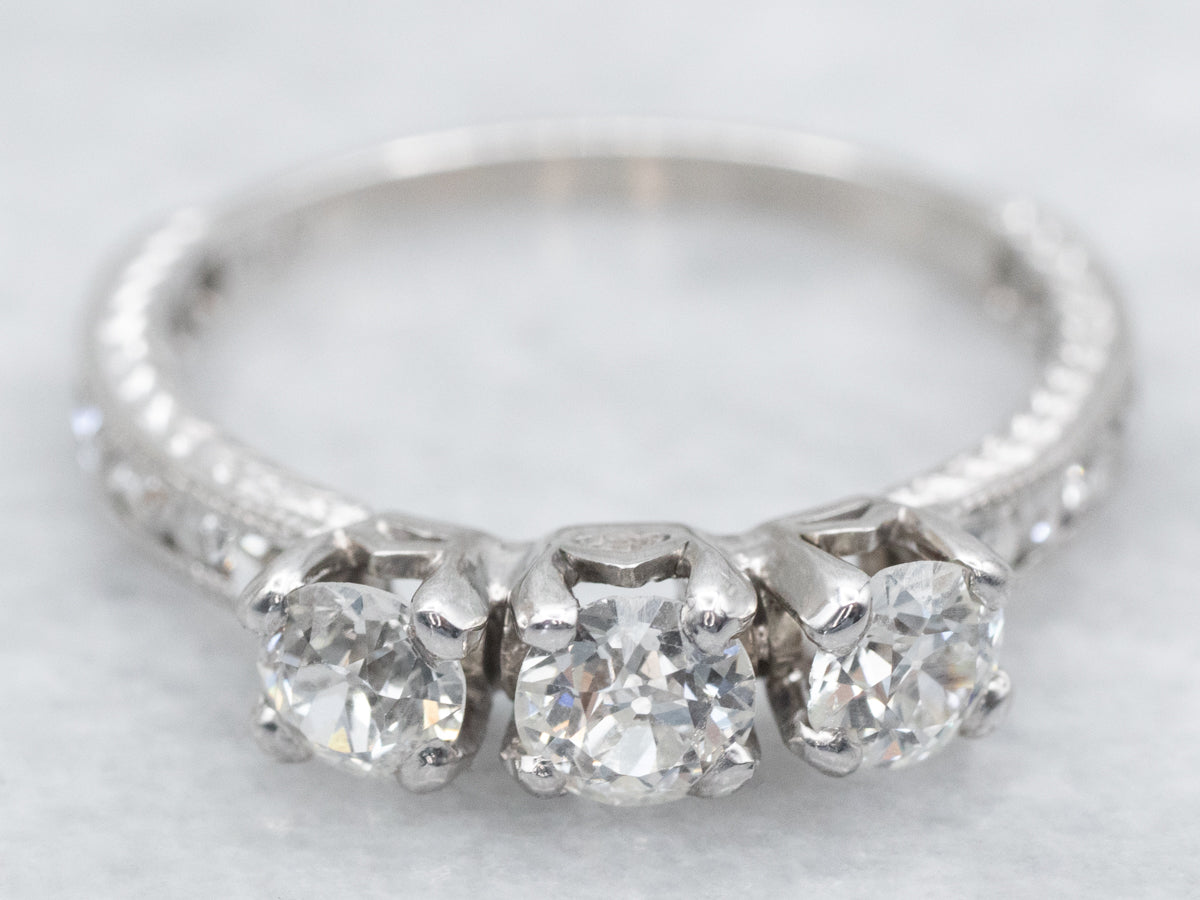 Antique Old Mine Cut Diamond Three Stone Platinum Engagement Ring