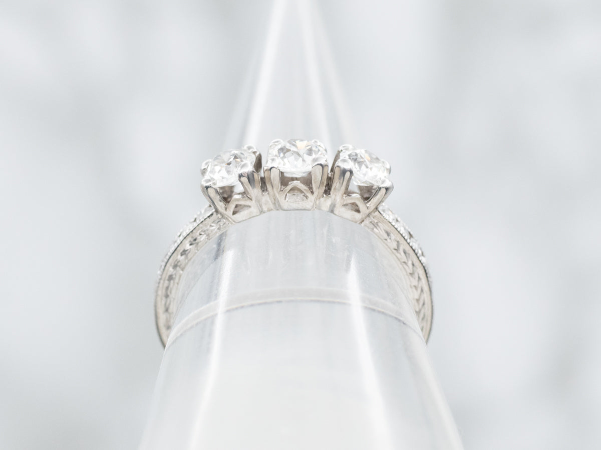 Antique Old Mine Cut Diamond Three Stone Platinum Engagement Ring