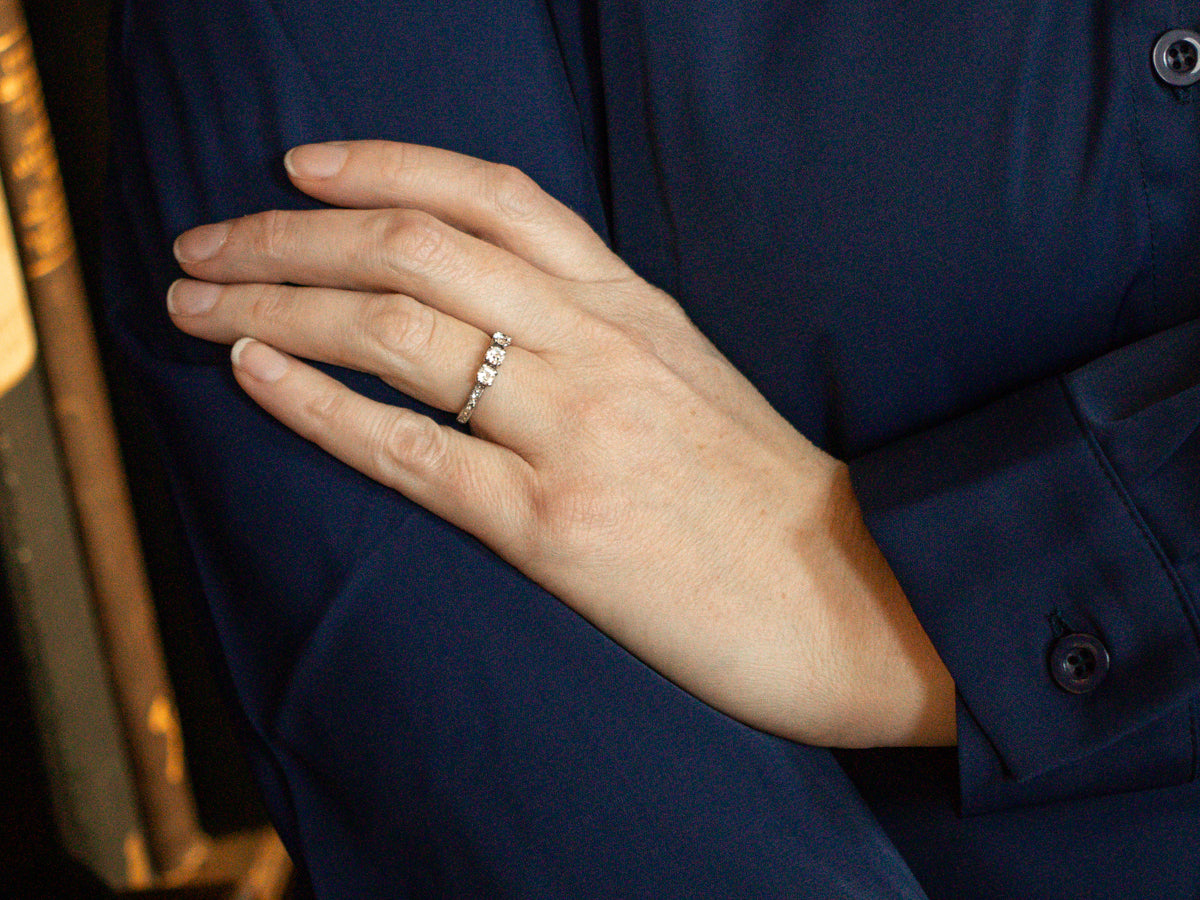 Antique Old Mine Cut Diamond Three Stone Platinum Engagement Ring