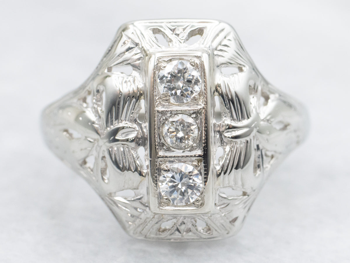 Late Art Deco Three Stone Diamond Dinner Ring