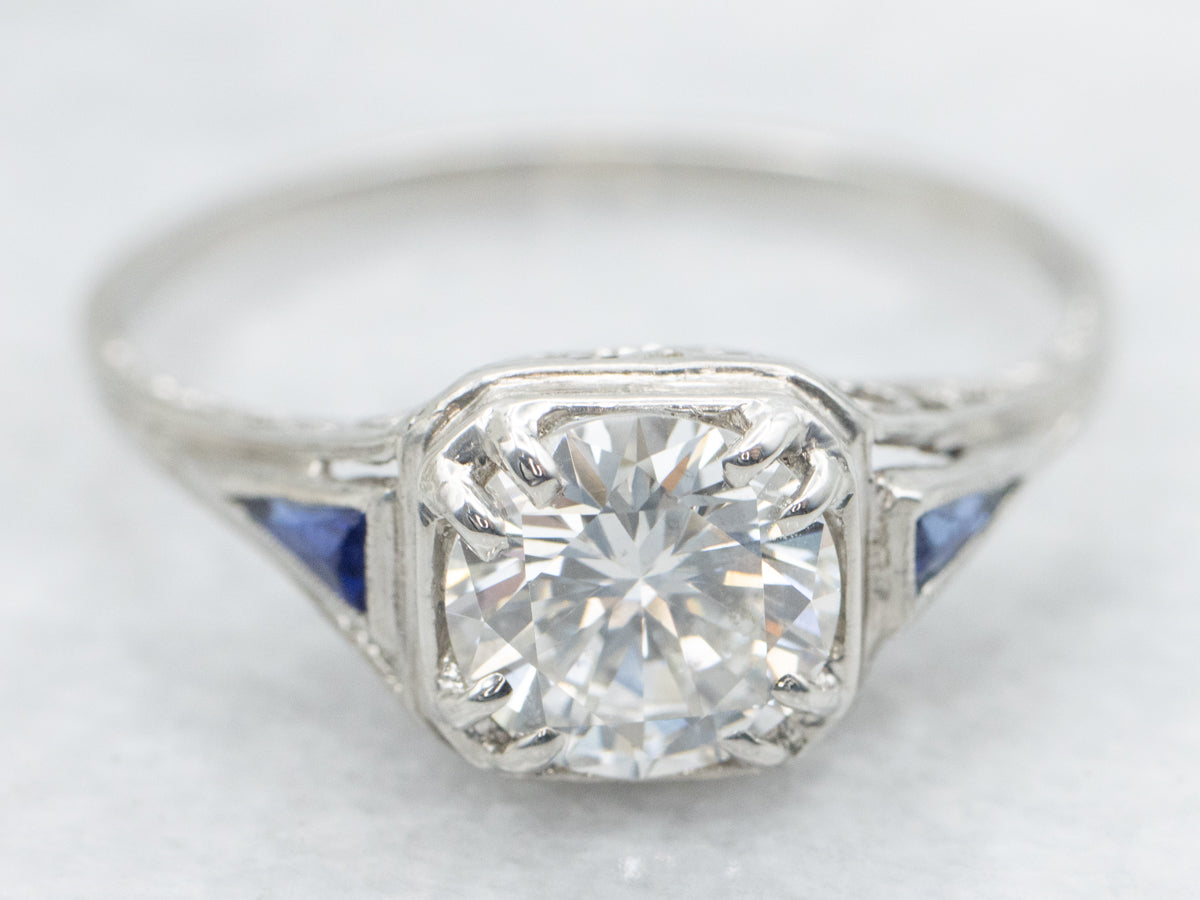 Art Deco GIA Certified Diamond and Sapphire Engagement Ring
