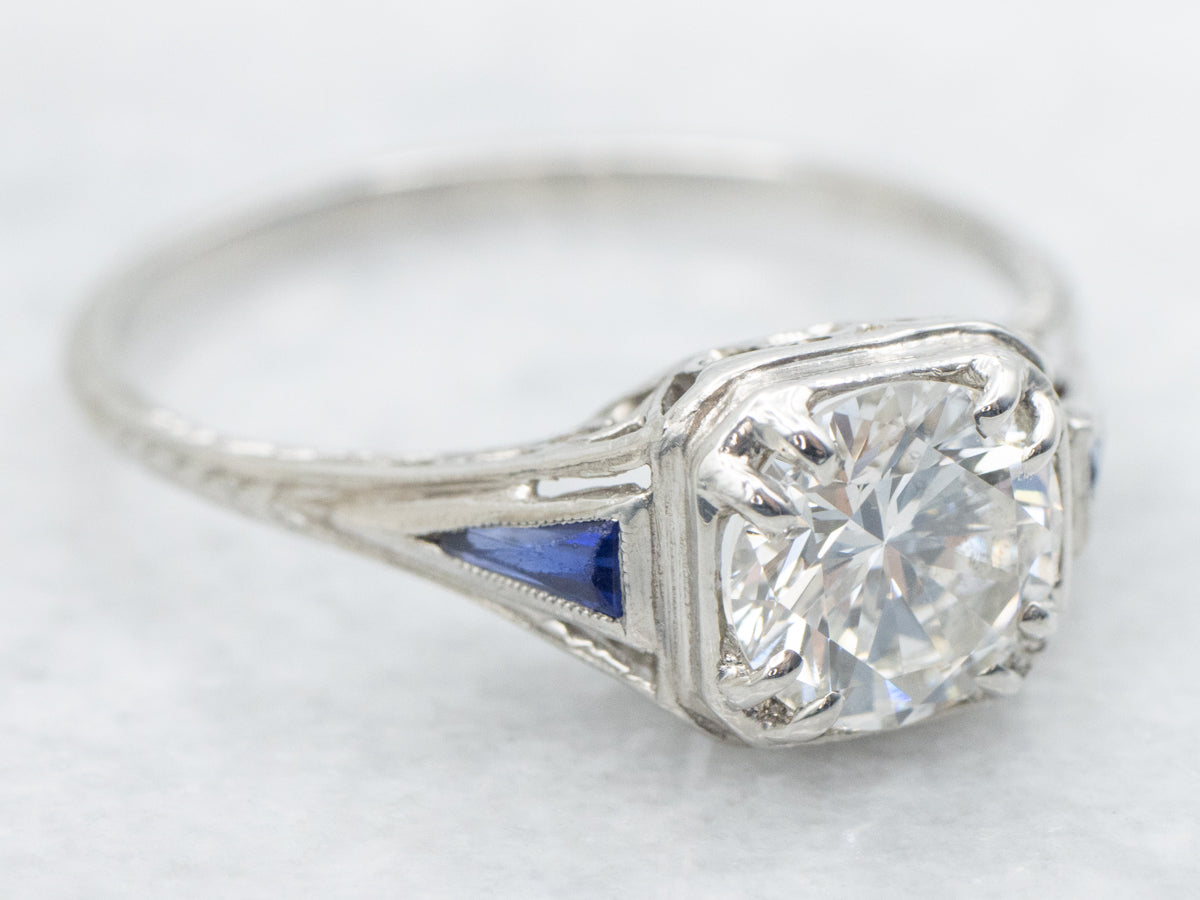 Art Deco GIA Certified Diamond and Sapphire Engagement Ring