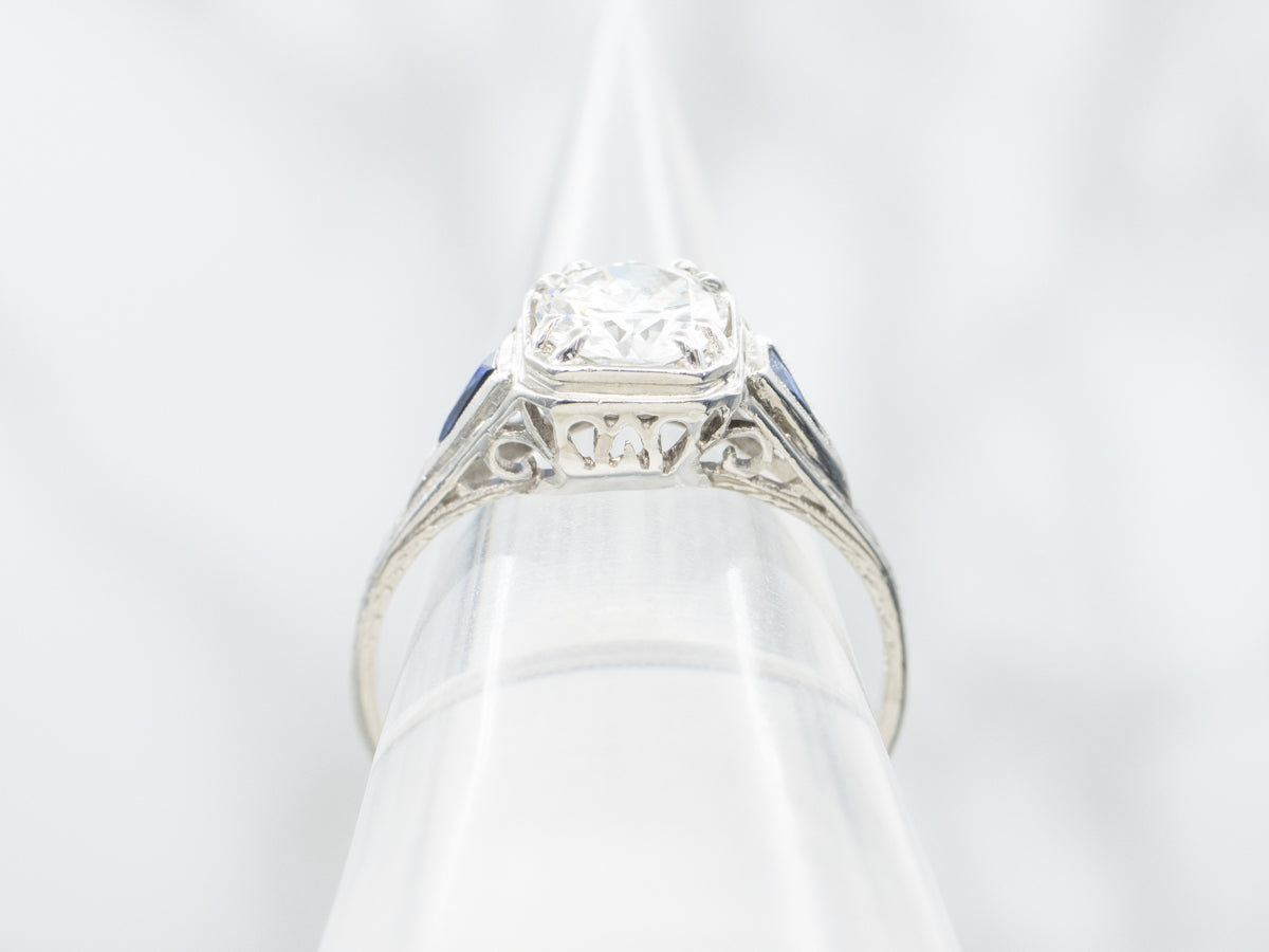 Art Deco GIA Certified Diamond and Sapphire Engagement Ring