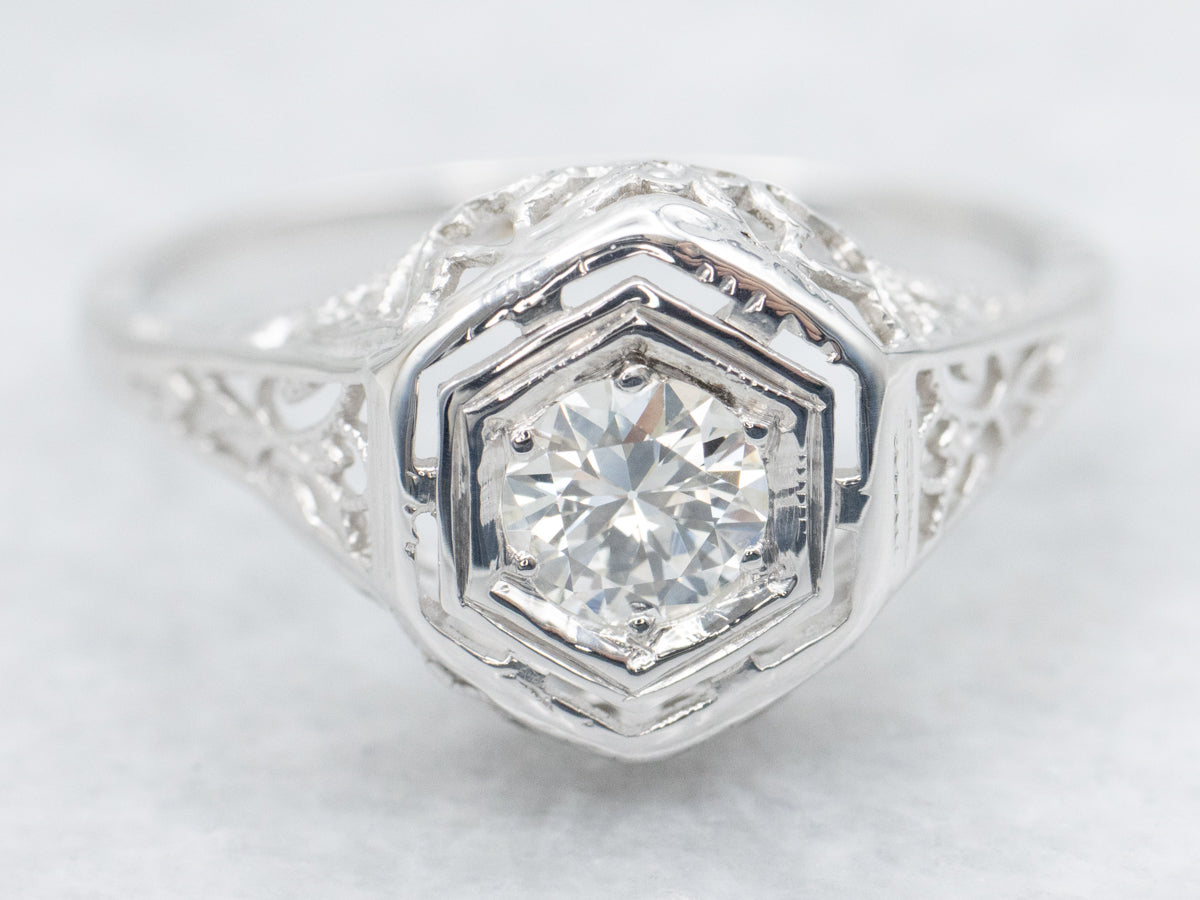 Art Deco European Cut Diamond Solitaire Engagement Ring