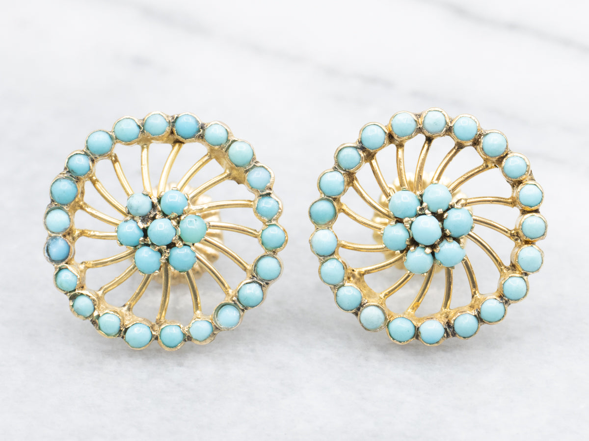Gold Filigree and Turquoise Cabochon Stud Earrings