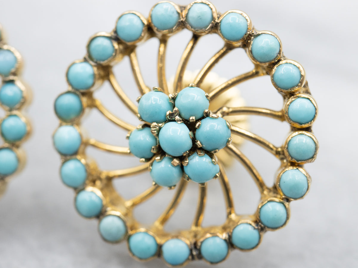 Gold Filigree and Turquoise Cabochon Stud Earrings