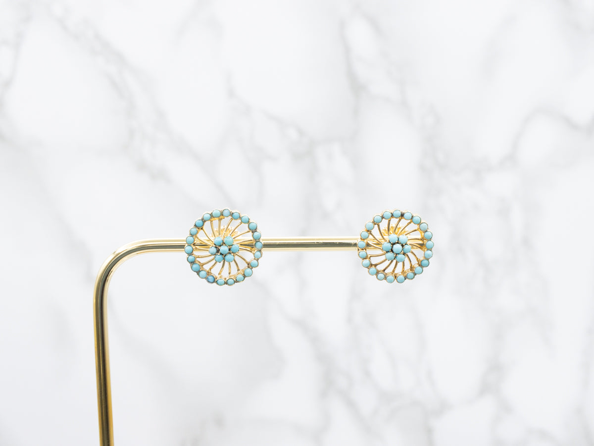Gold Filigree and Turquoise Cabochon Stud Earrings
